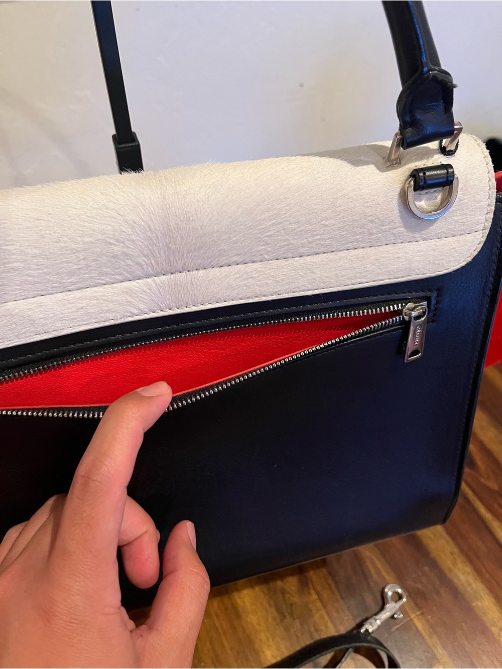 Celine Trapeze Pony HairTricolor Leather Satchel in Black, White & Red - Picture 4 of 12